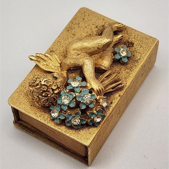 1930s Cherub Matchbox Holder Gold Enamel Flowers Vintage - Picture 7 of 9